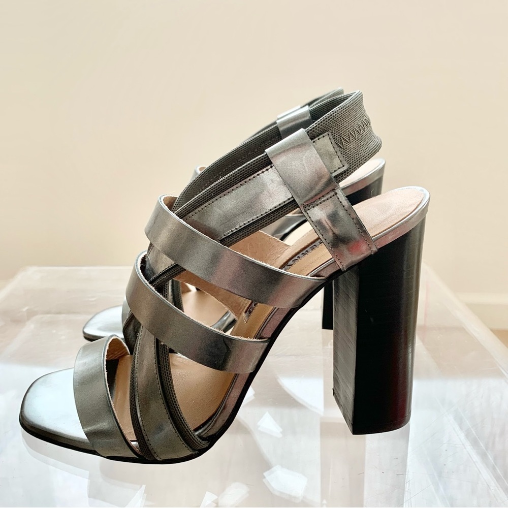 🩶 Gunmetal Strappy Block Heeled Sandals High Heels 7 - Picture 6 of 10